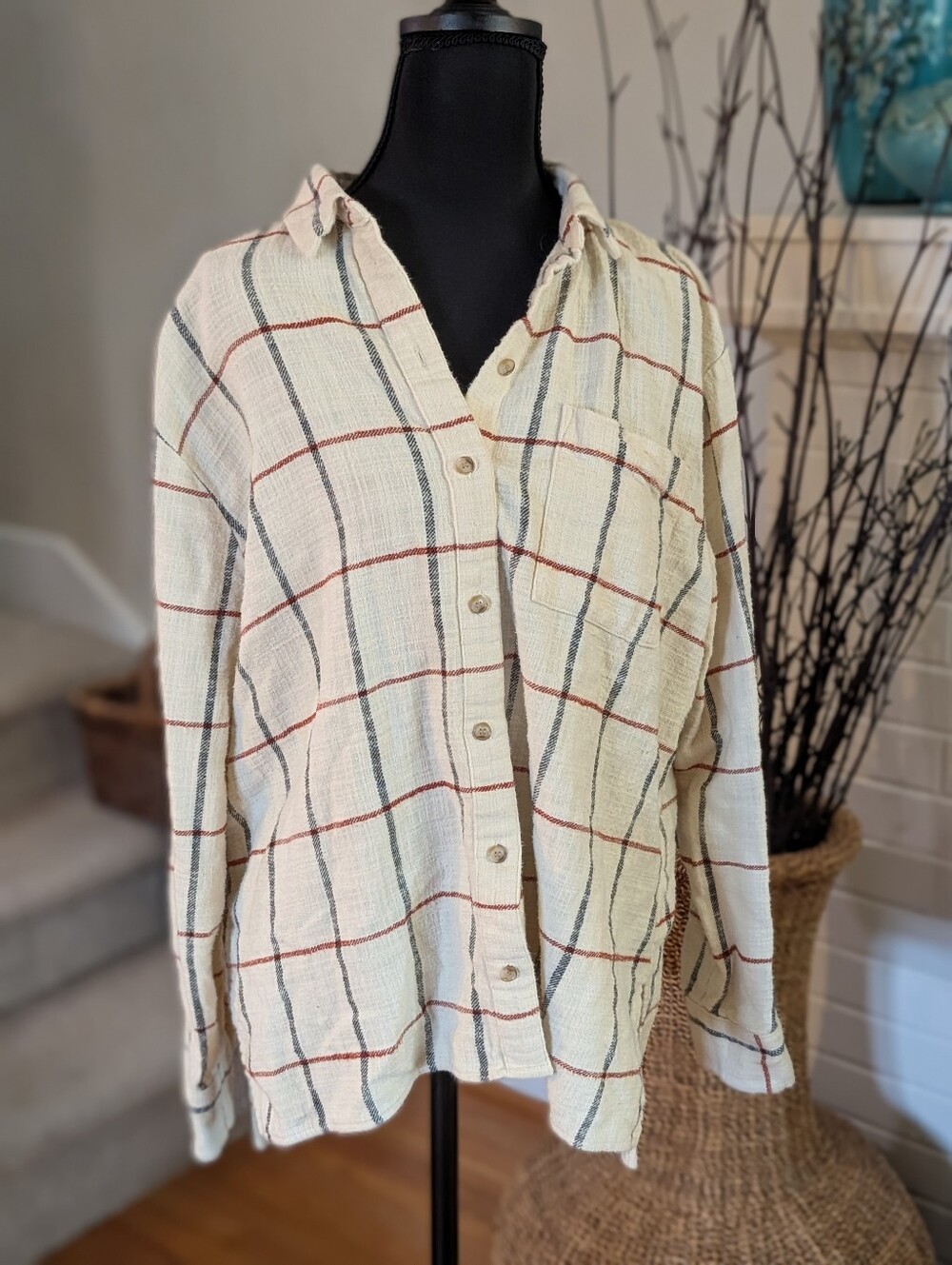 Coastal Cottage Plaid Button Up Shirt Cream Oversized Soft Textured Madewell (L)